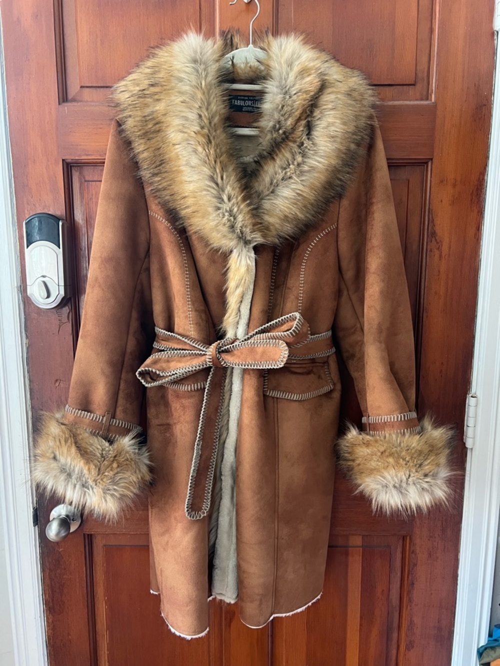 Penny Lane Faux Fur Shearling Coat Boho 70s Brown Belted Jacket L/XL Statement